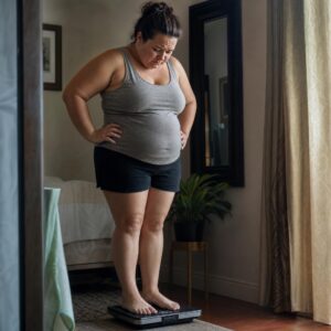 dejected slightly overweight,middle-aged woman standing on a scale.